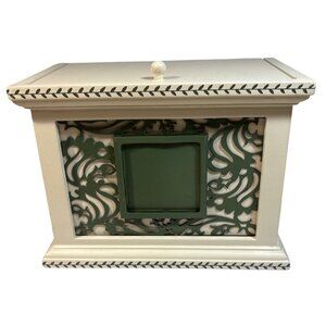 Wooden Box Cream Green Intricate Cutout Design Photo Frame Secret Door 7.5 x 5.5